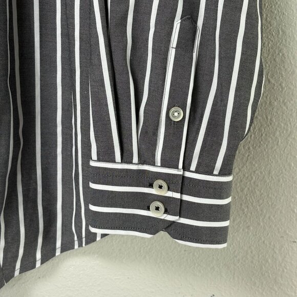 Talbots Button Front Top Plus Petite 14 14WP Gray White Striped No Iron Shirt - Picture 3 of 12